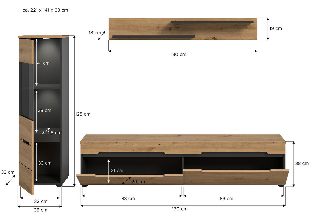 Wohnwand Canu basaltgrau Nachbildung Artisan Oak Nachbildung B/H/T: ca. 221x141x33 cm Canu - basaltgrau (221,00/141,00/33,00cm) - xonox.home