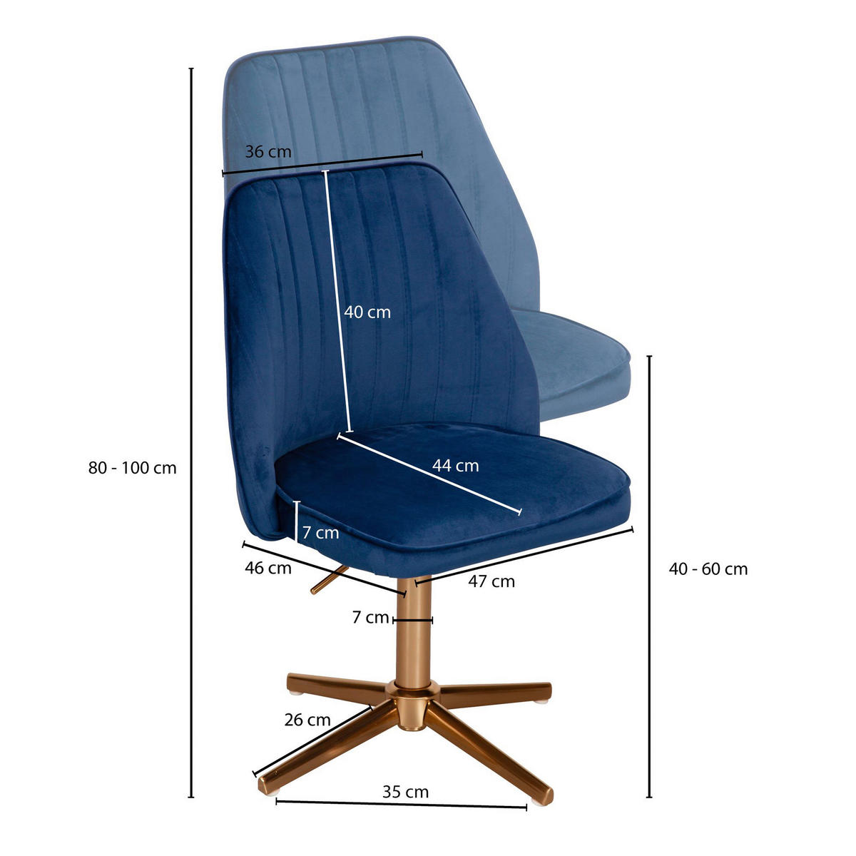 Drehstuhl blau Samt Eisen Drehstuhl - blau (47,00/100,00/46,00cm) - Wohnling