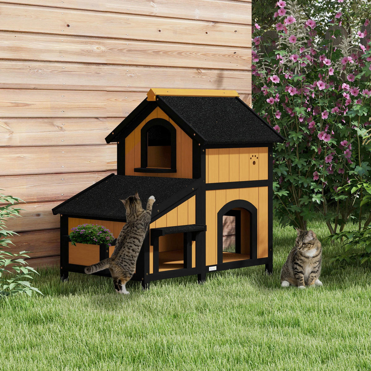 PawHut Katzen-Zubehör gelb Holz B/H/L: ca. 65x96x85,5 cm Katzenhaus - gelb (85,50/65,00/96,00cm) - PawHut