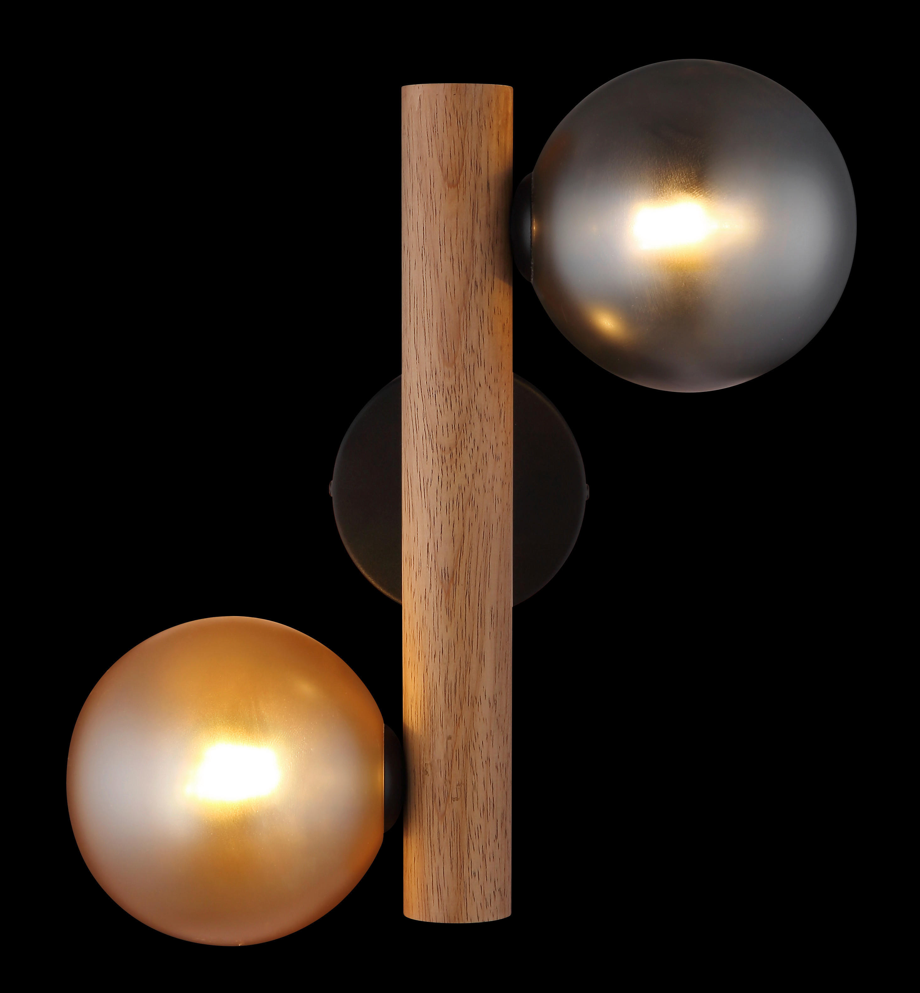 GLOBO LED-Wandleuchte Rauch dunkelbraun amber Metall Holz Glas H/L: ca. 16,5x32 cm 2 Brennstellen RIHA - dunkelbraun/amber (32,00cm) - GLOBO