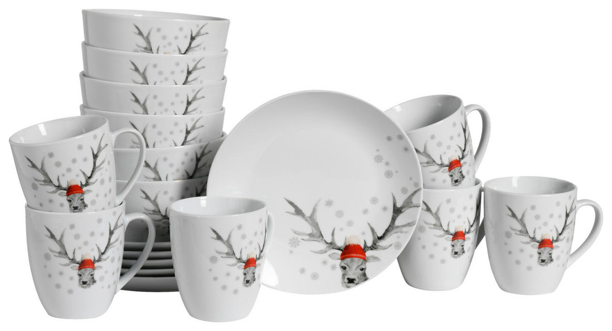 CreaTable Frühstückservice Hirsch weiß Porzellan 18 tlg. Hirsch - weiß - CreaTable