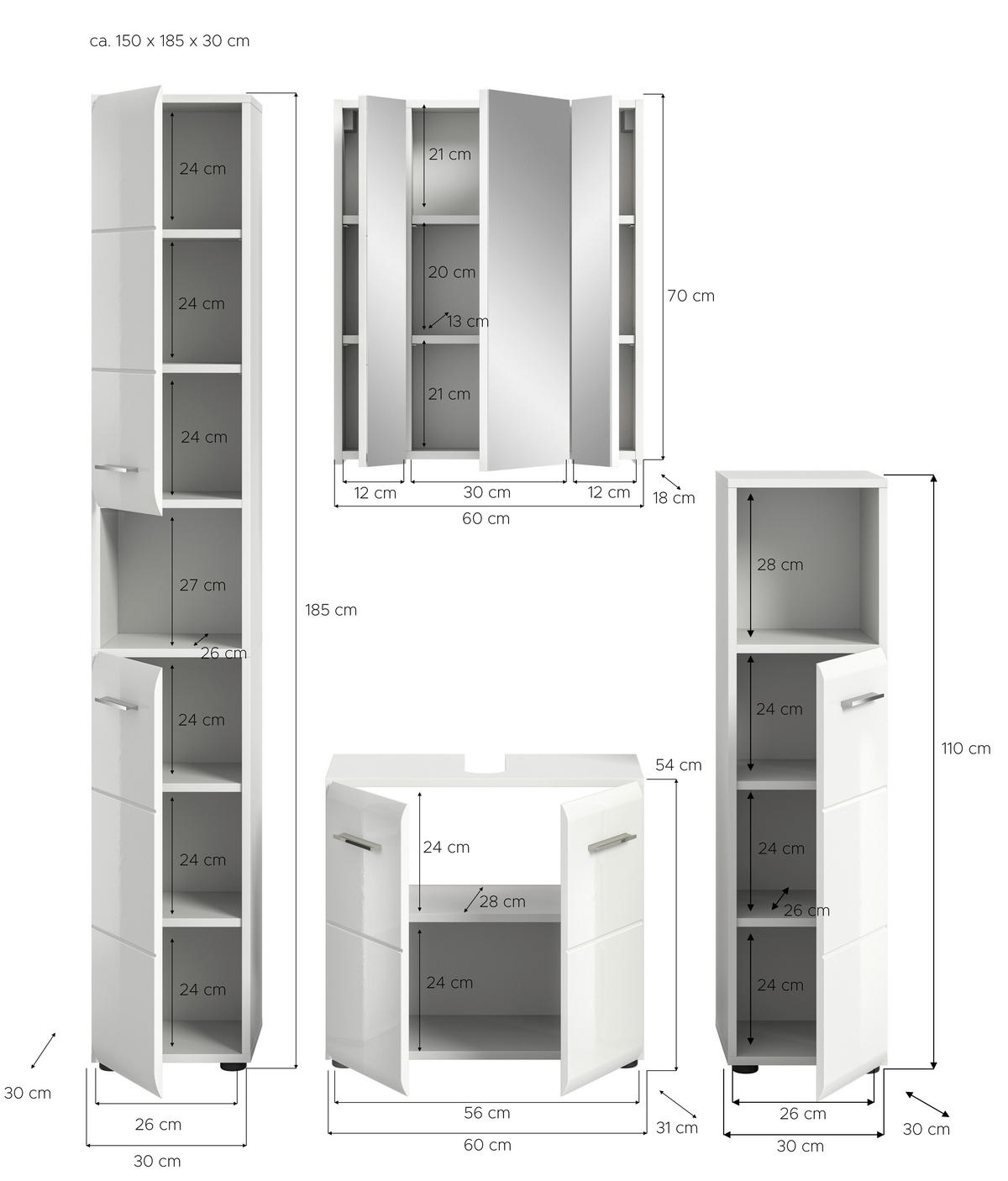 Badezimmer-Set Ice weiß weiß Hochglanz B/H/T: ca. 150x185x30 cm Ice - weiß (150,00/185,00/30,00cm) - xonox.home