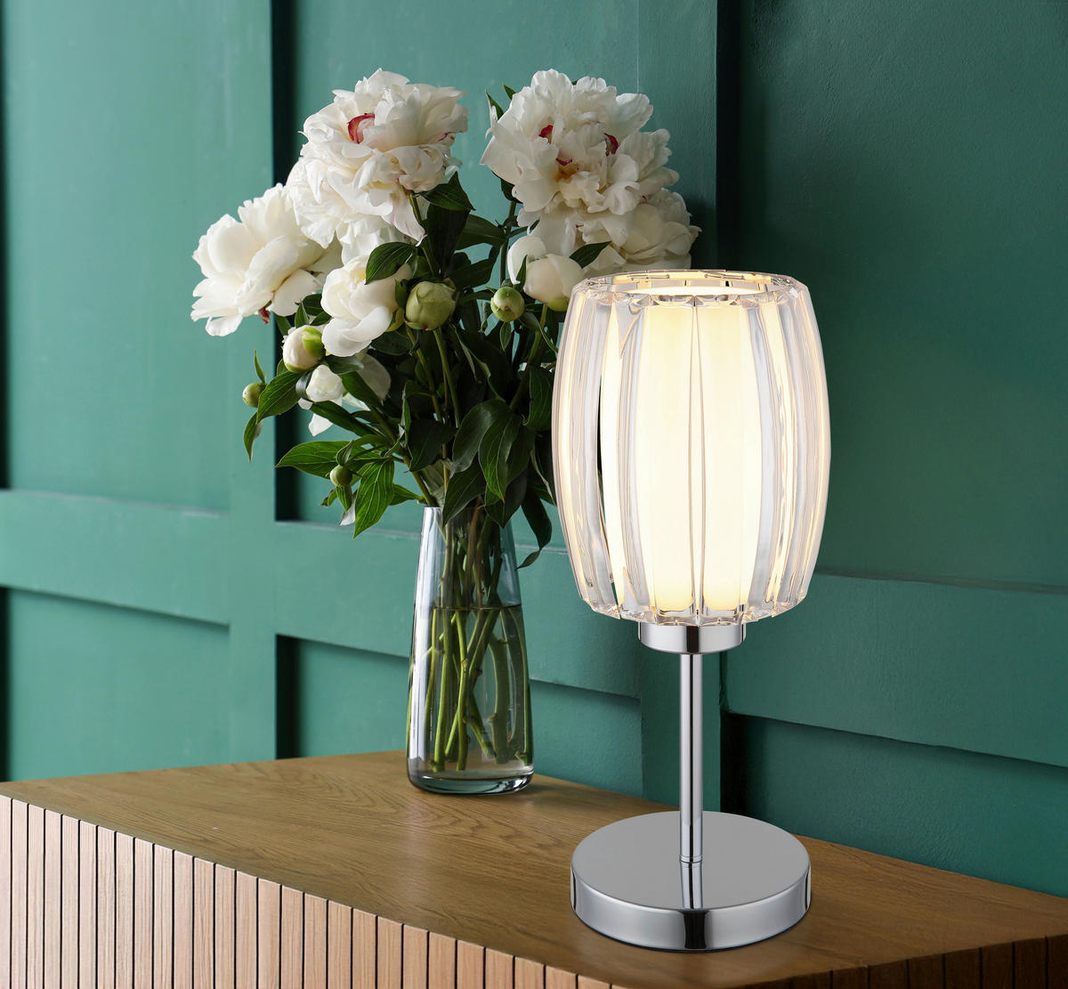 GLOBO Tischleuchte Chrom Opal schwarz Glas Metall Textil H/D: ca. 40x18 cm E27 1 Brennstellen MARIBEL - schwarz/Opal (18,00/40,00cm) - GLOBO