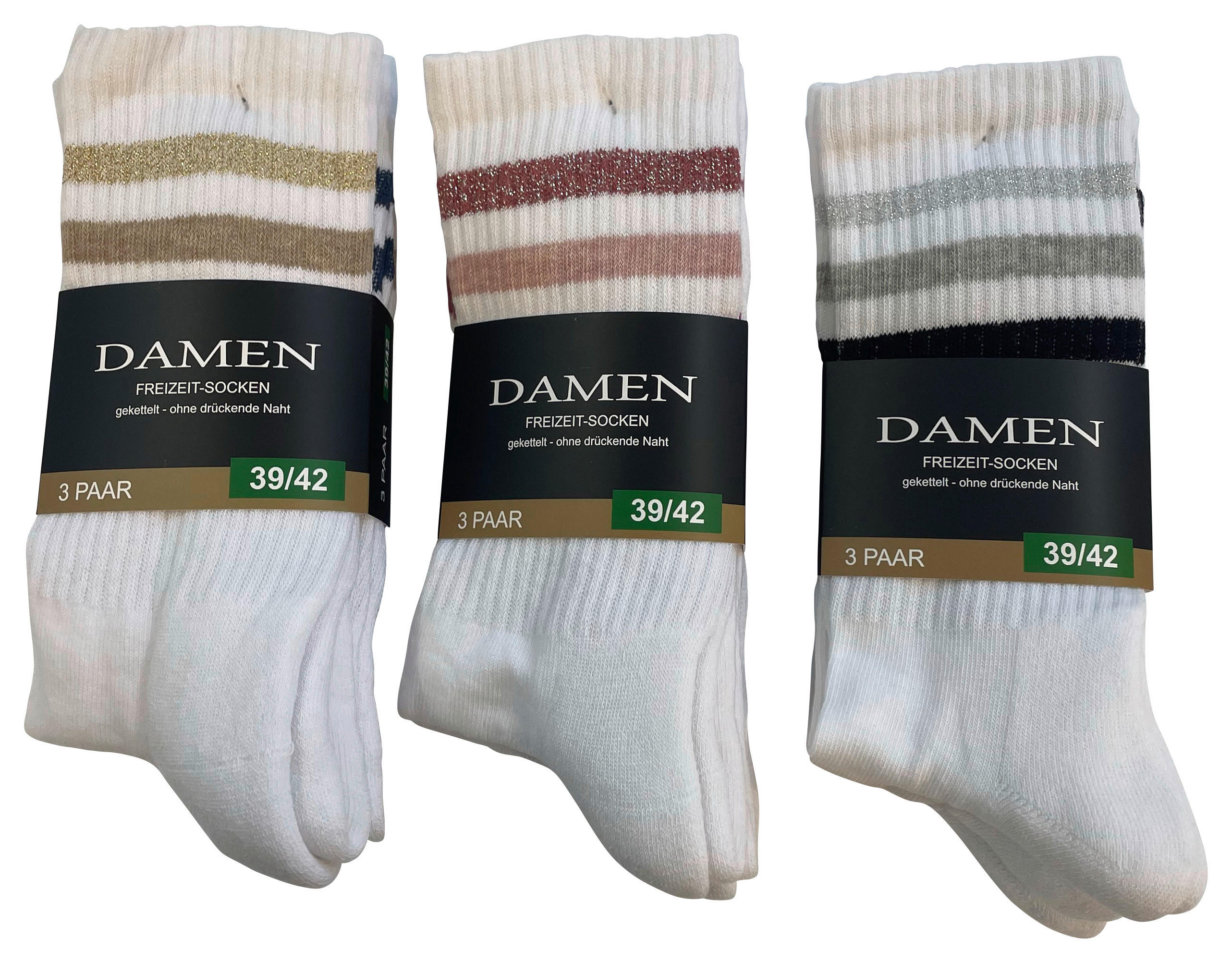 Damen-Socken sortiert 3 Packstücke Größe 35-38 Sportsocken_Damen_Ringel_3erPack - sortiert