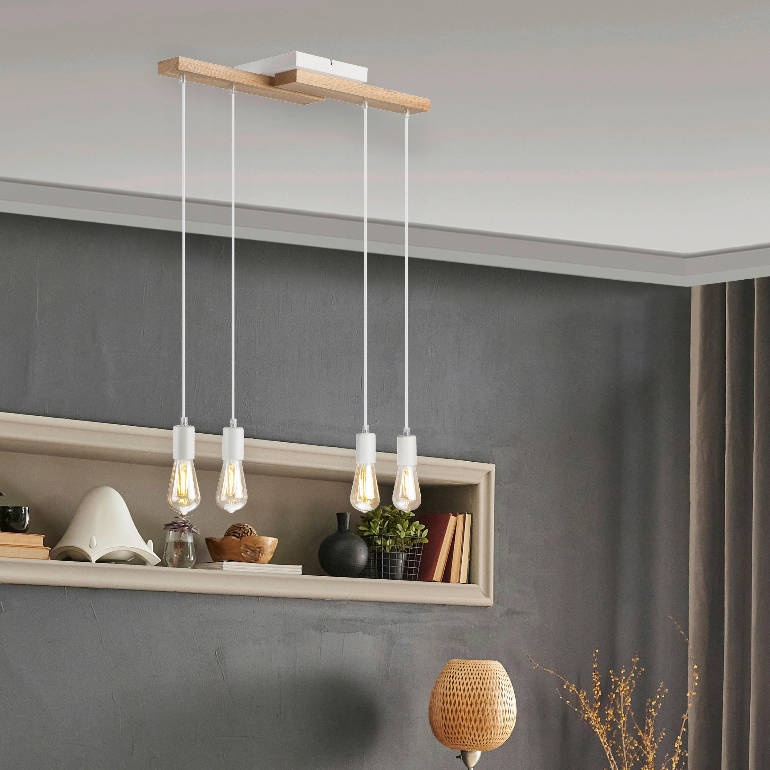 Lamkur Pendelleuchte weiß Holz B/H/L: ca. 20x86x64 cm E27 4 Brennstellen CORTINA - weiß (64,00/20,00/86,00cm) - Lamkur