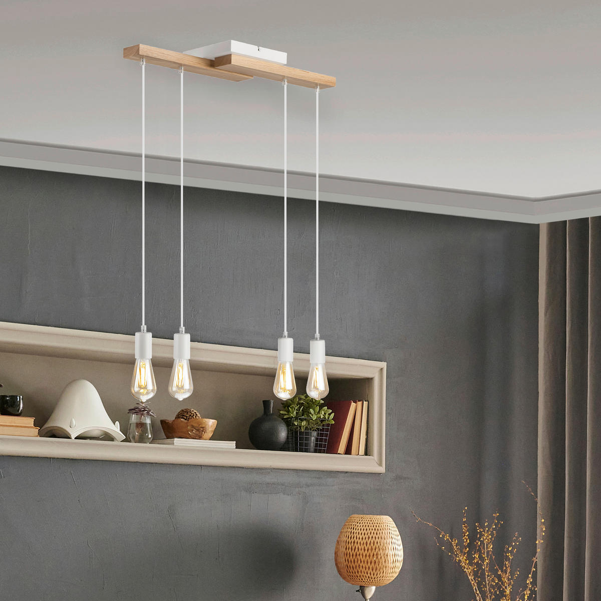 Lamkur Pendelleuchte weiß Holz B/H/L: ca. 20x86x64 cm E27 4 Brennstellen CORTINA - weiß (64,00/20,00/86,00cm) - Lamkur