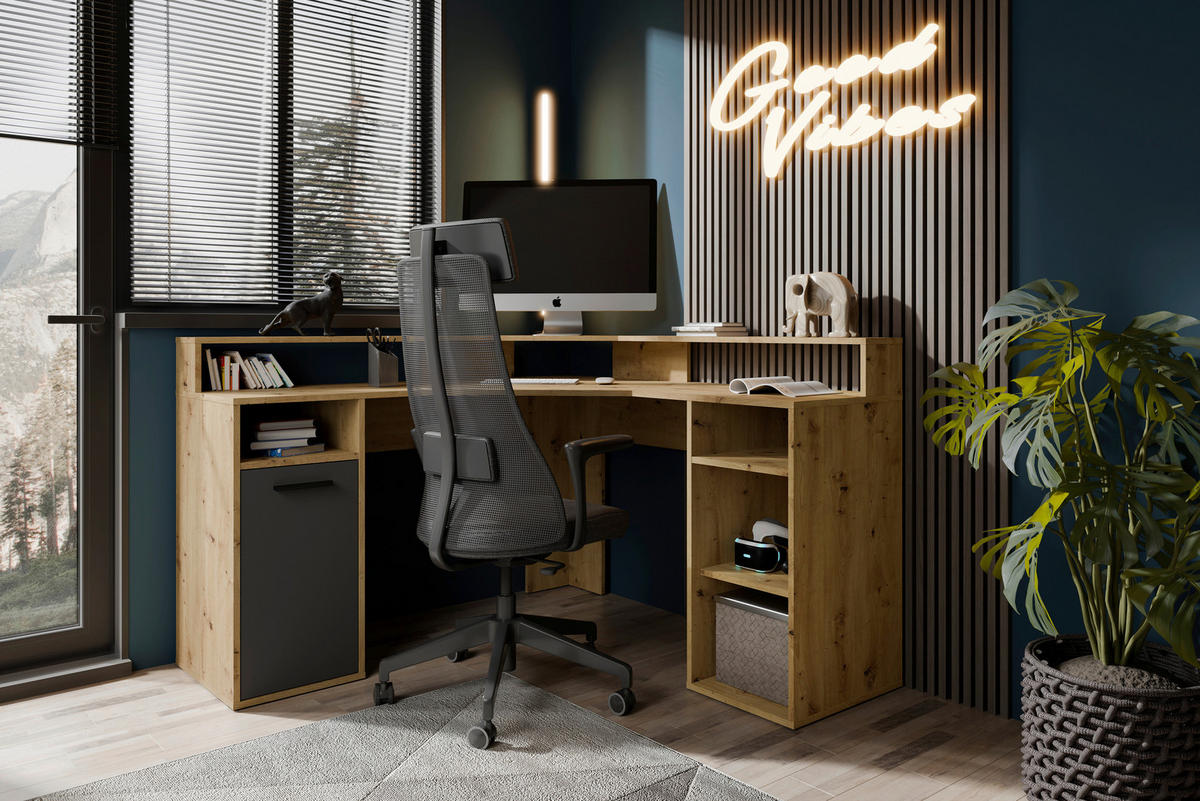 Eckschreibtisch FOX Eiche anthrazit B/H/T: ca. 139x90,8x139 cm FOX - Eiche/anthrazit (139,00/90,80/139,00cm) - byLIVING