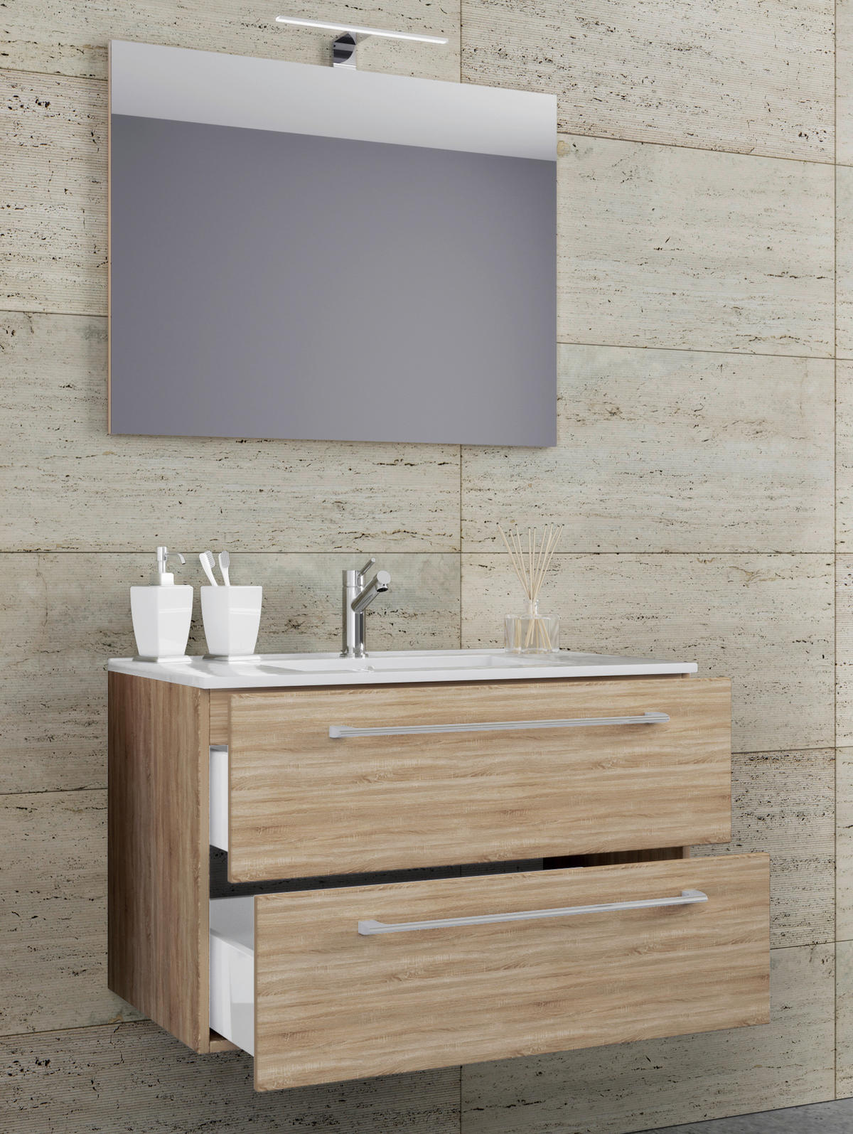 Waschplatz 3tlg-Badinos weiß Eiche Sonoma Nachbildung B/H/T: ca. 80x50x46 cm 3tlg-Badinos - Eiche/weiß (80,00/50,00/46,00cm) - VCM Möbel