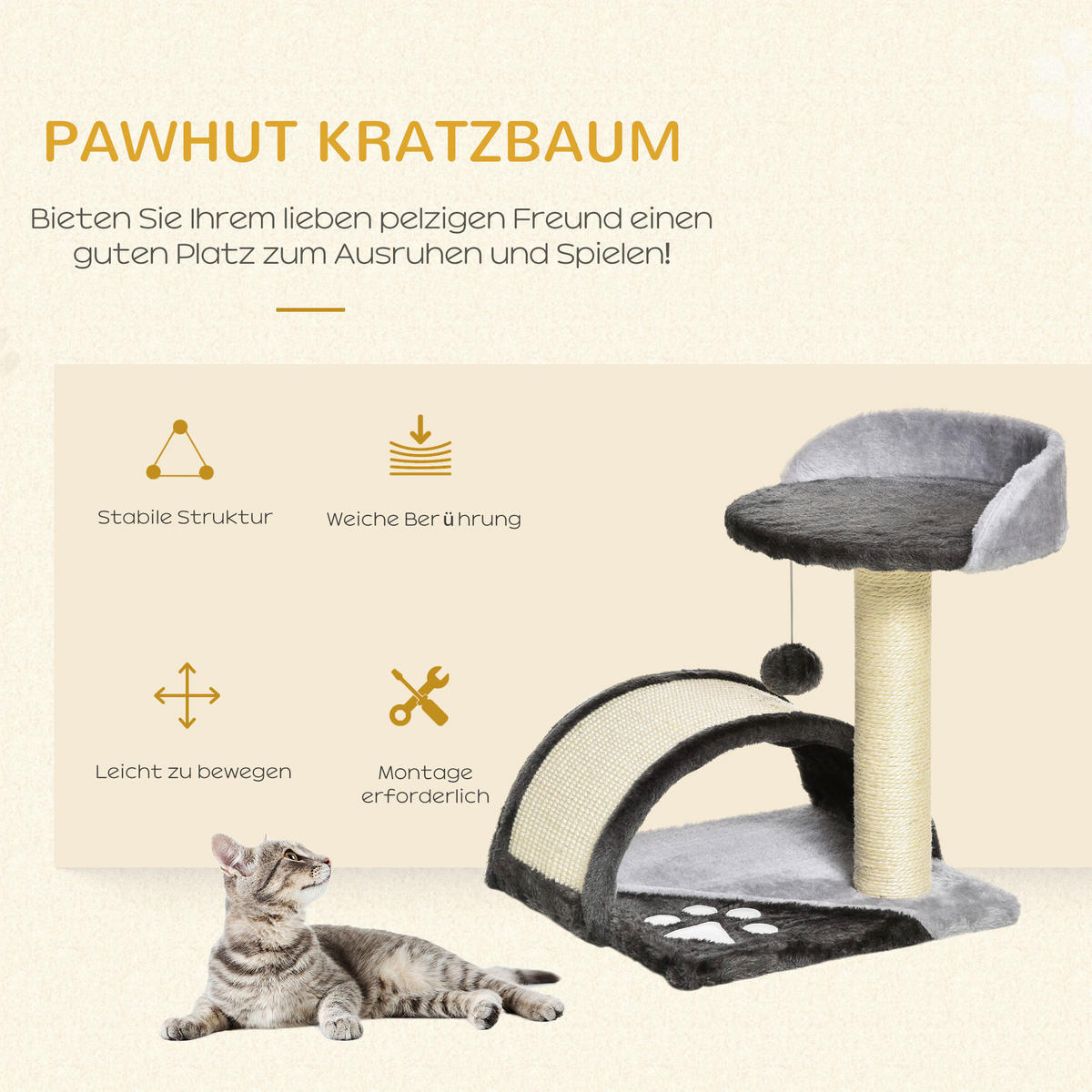 PawHut Katzenbaum grau Sisal B/H/L: ca. 36x44x36 cm Katzenbaum - grau (36,00/36,00/44,00cm) - PawHut