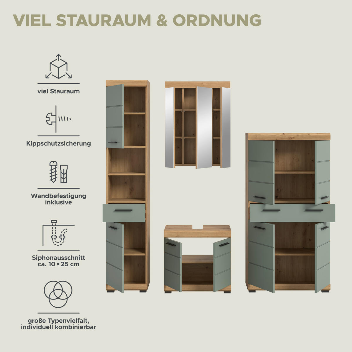 Badezimmer-Set Scout Eiche Artisan Nachbildung salbei Nachbildung B/H/T: ca. 186x191x34 cm Scout - Eiche/salbei (186,00/191,00/34,00cm) - xonox.home