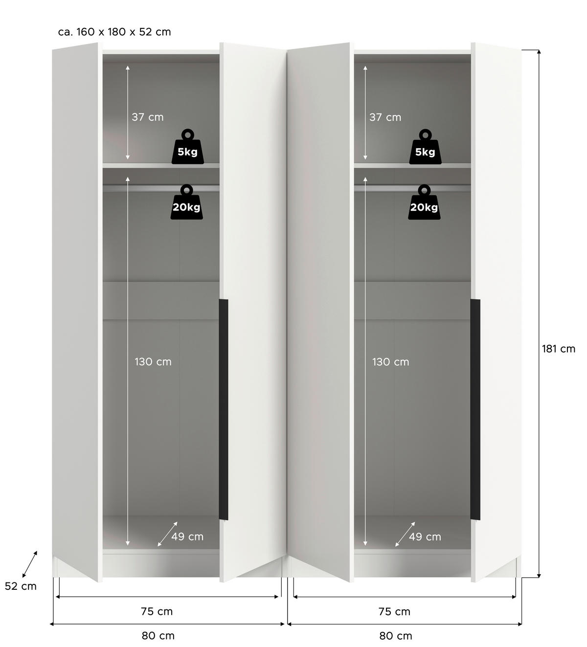 Kleiderschrank KOPENHAGEN weiß B/H/T: ca. 160x181x52 cm KOPENHAGEN - weiß (160,00/181,00/52,00cm) - xonox.home