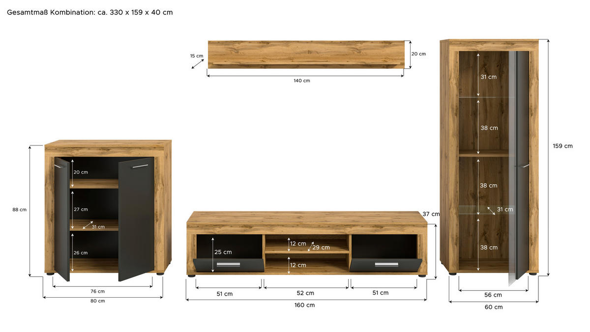 Wohnwand Jam Eiche Wotan Nachbildung grau B/H/T: ca. 330x159x35 cm Jam - Eiche/grau (330,00/159,00/35,00cm) - xonox.home