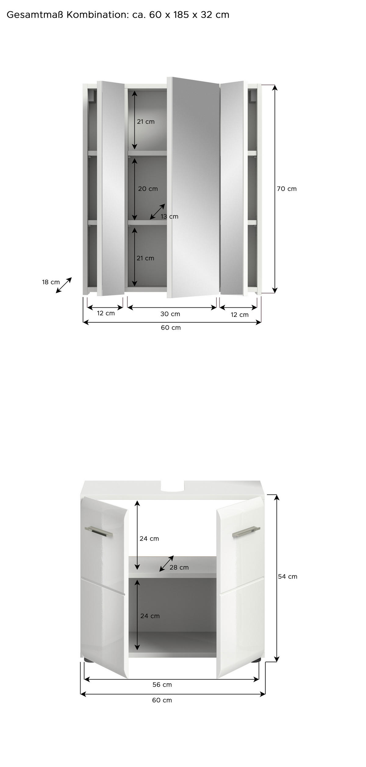Badezimmer-Set ICE weiß weiß Hochglanz B/H/T: ca. 60x190x32 cm ICE - weiß (60,00/190,00/32,00cm) - xonox.home