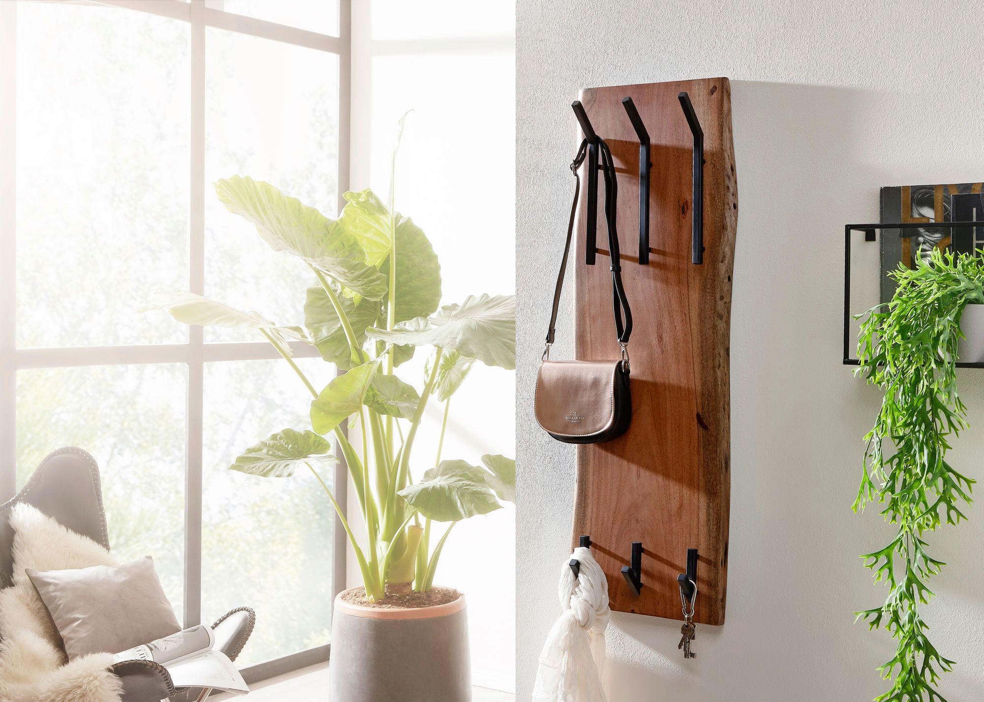 Wandgarderobe natur schwarz pulverbeschichtet B/H/T: ca. 35,5x100x11 cm Wandgarderobe - natur/schwarz (35,50/100,00/11,00cm) - Wohnling