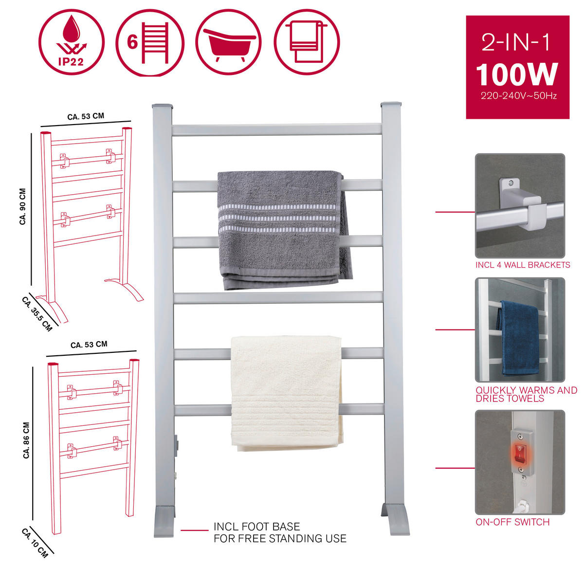 Handtuchwärmer silber Elektrischer_Handtuchheizkörper - silber (53,00/90,00cm) - Dirt Devil