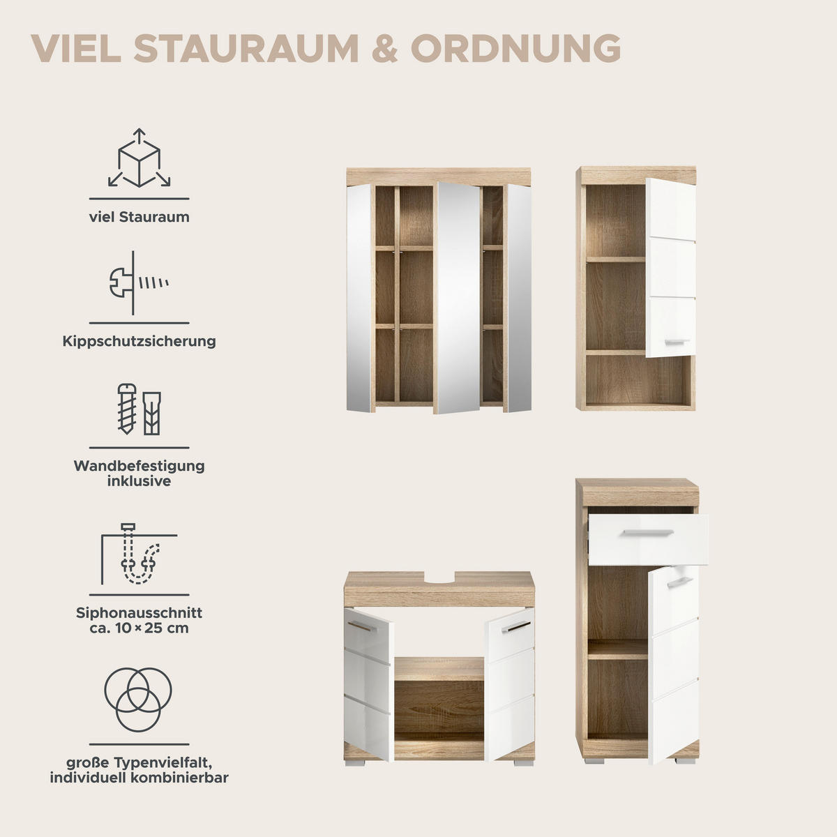 Badezimmer-Set Lambada Eiche Sonoma Nachbildung weiß Hochglanz B/H/T: ca. 112x191x34 cm Lambada - Eiche/weiß (112,00/191,00/34,00cm) - xonox.home