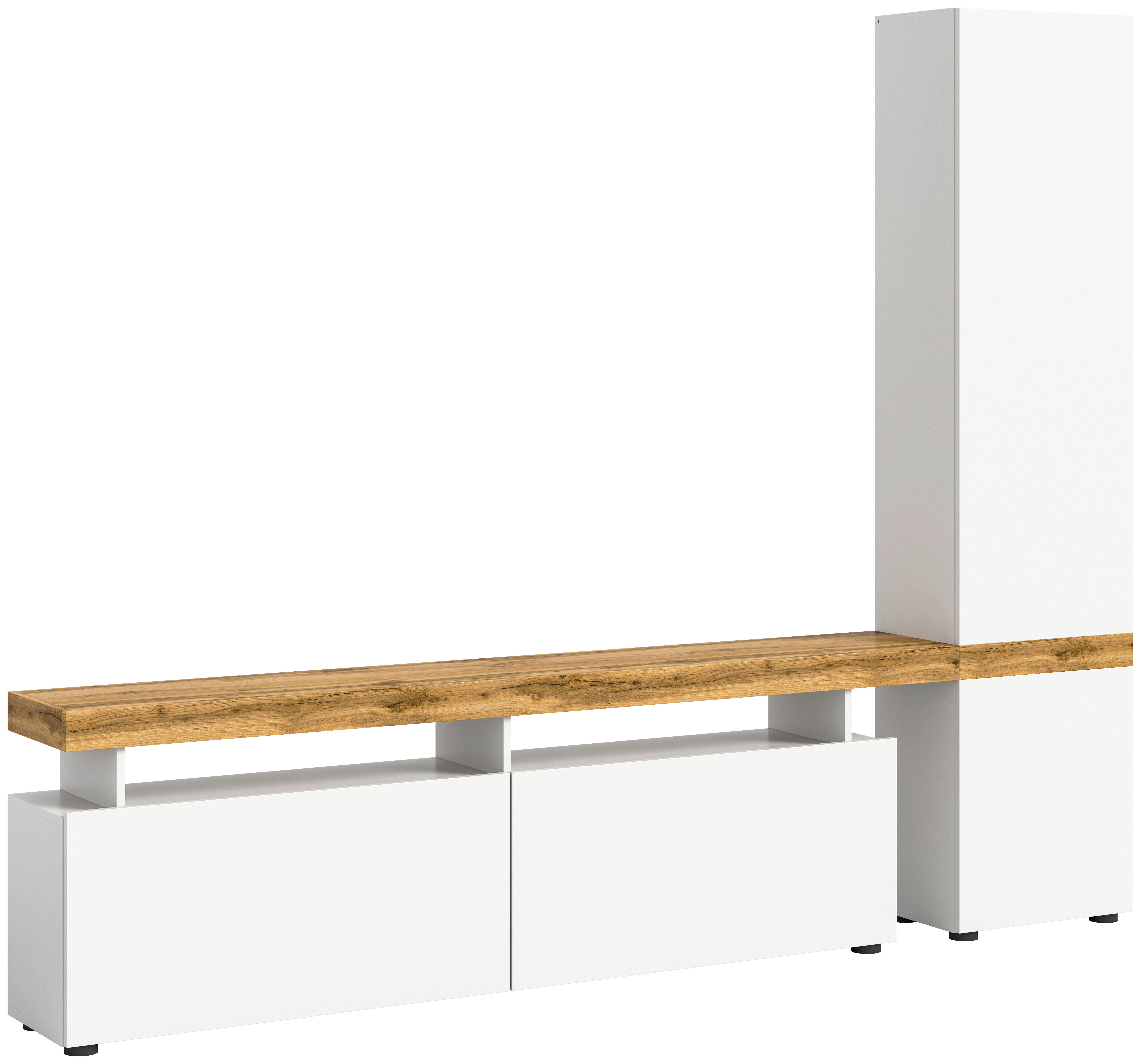 Wohnwand Sugar weiß Eiche Wotan Nachbildung B/H/T: ca. 235x190x30 cm Sugar - Eiche/weiß (235,00/190,00/30,00cm) - xonox.home
