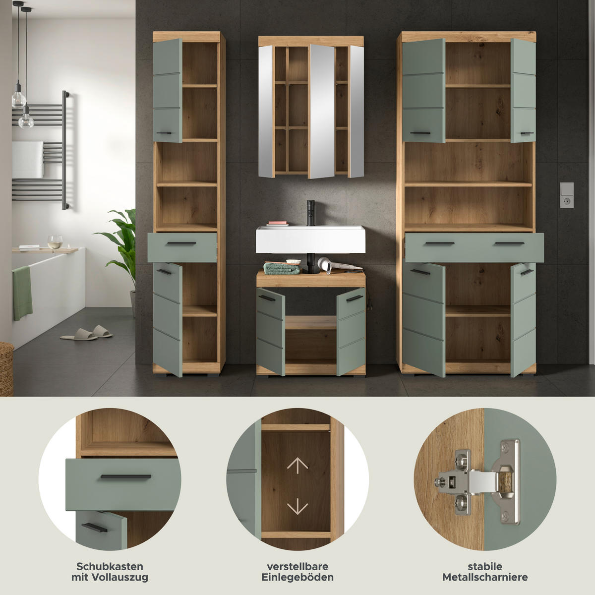 Badezimmer-Set Scout Eiche Artisan Nachbildung salbei Nachbildung B/H/T: ca. 186x191x34 cm Scout - Eiche/salbei (186,00/191,00/34,00cm) - xonox.home