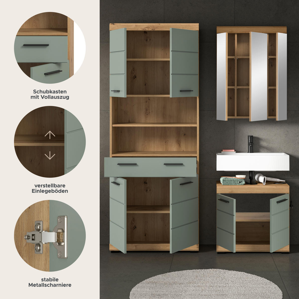 Badezimmer-Set Scout Eiche Artisan Nachbildung salbei Nachbildung B/H/T: ca. 149x34x191 cm Scout - Eiche/salbei (149,00/34,00/191,00cm) - xonox.home