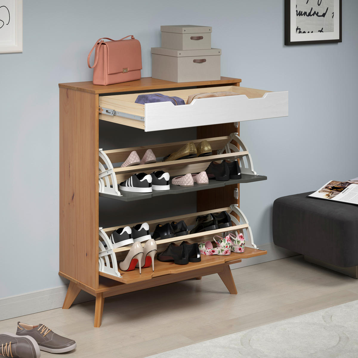 Schuhkipper Scandik kiefer Honig lackiert Optik weiß grau B/H/T: ca. 80x102x33 cm Scandik - kiefer/weiß, Honig (80,00/102,00/33,00cm)