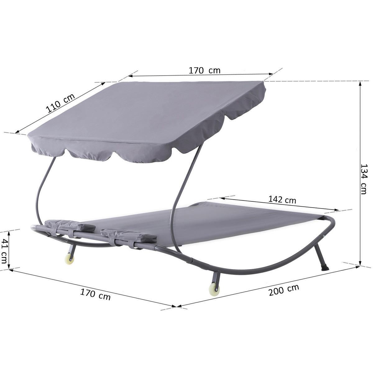 Outsunny Doppelliege grau Stahl B/H/L: ca. 170x134x200 cm Doppelliege_mit_Dach - grau (200,00/170,00/134,00cm) - Outsunny