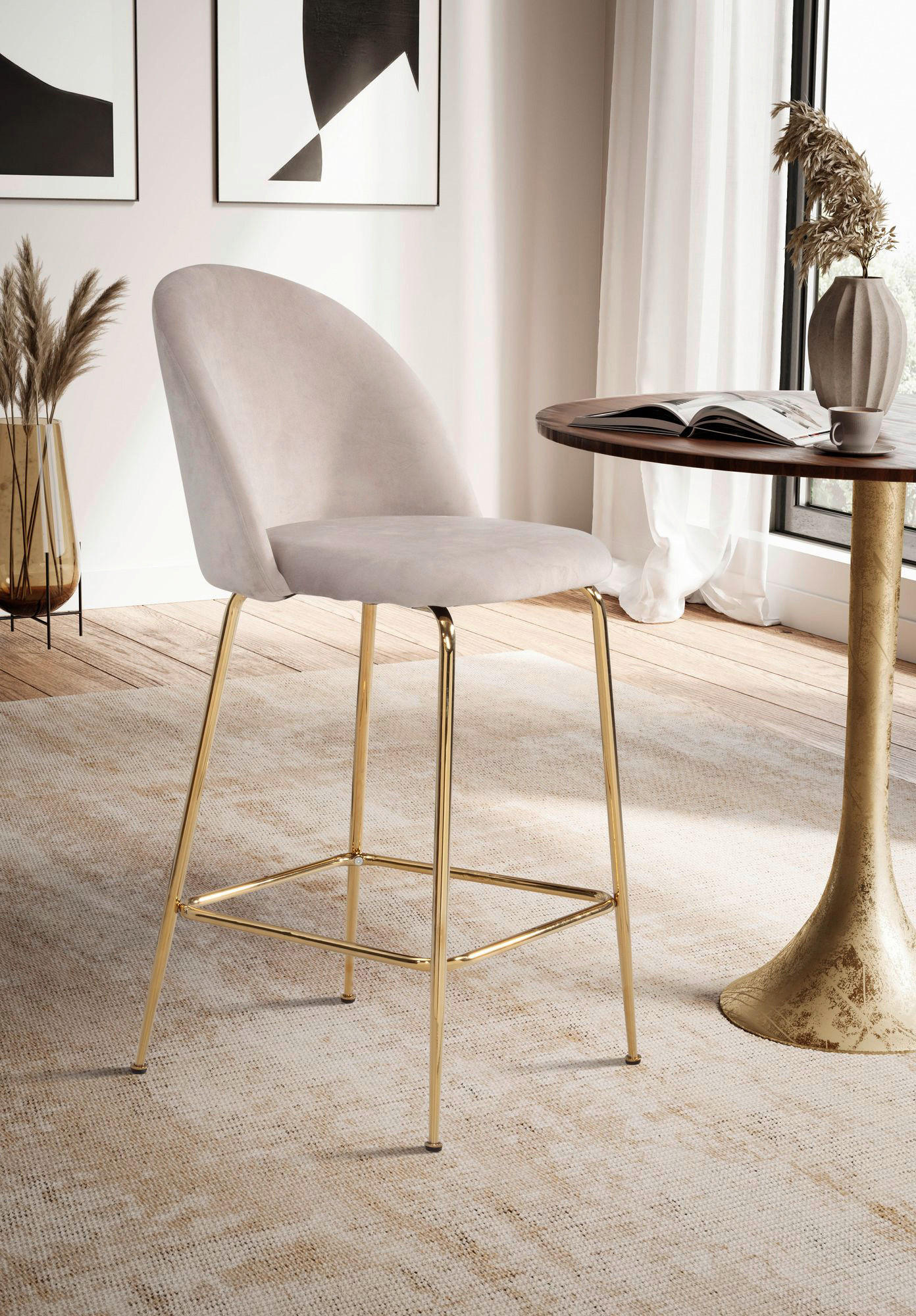 Thumbnail - Barhocker 2er Set beige messing Samt Eisen