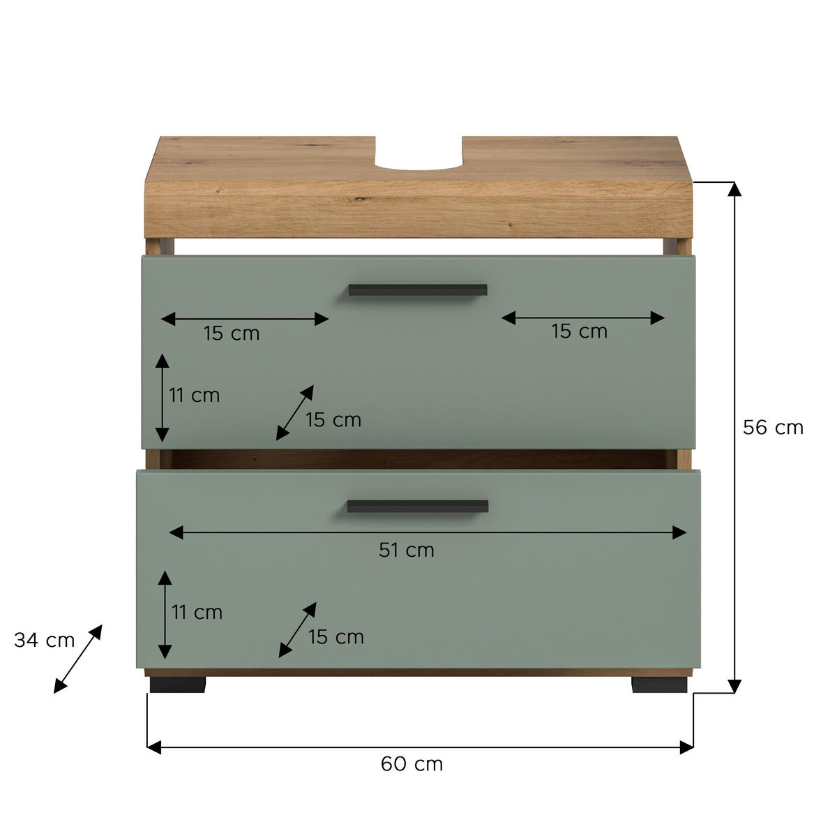 Waschbeckenunterschrank Scout Eiche Artisan Nachbildung salbei Nachbildung B/H/T: ca. 60x56x37 cm Scout - Eiche/salbei (60,00/56,00/37,00cm) - xonox.home