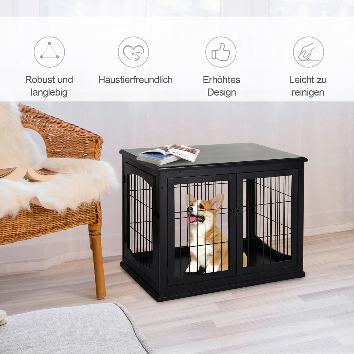 PawHut Hundekäfig schwarz MDF B/H/T: ca. 81x66x59 cm Hundekäfig - schwarz (81,00/66,00/59,00cm) - PawHut