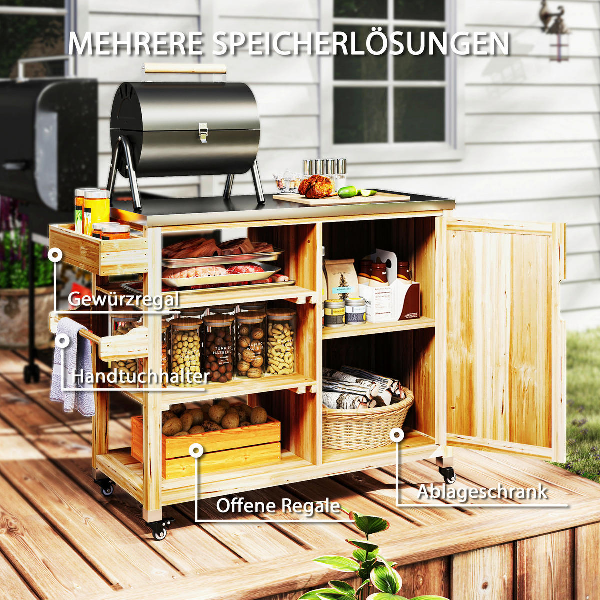 Outsunny Grillwagen Holz B/H/L: ca. 50x91,5x134,5 cm Grillwagen - natur (134,50/50,00/91,50cm) - Outsunny