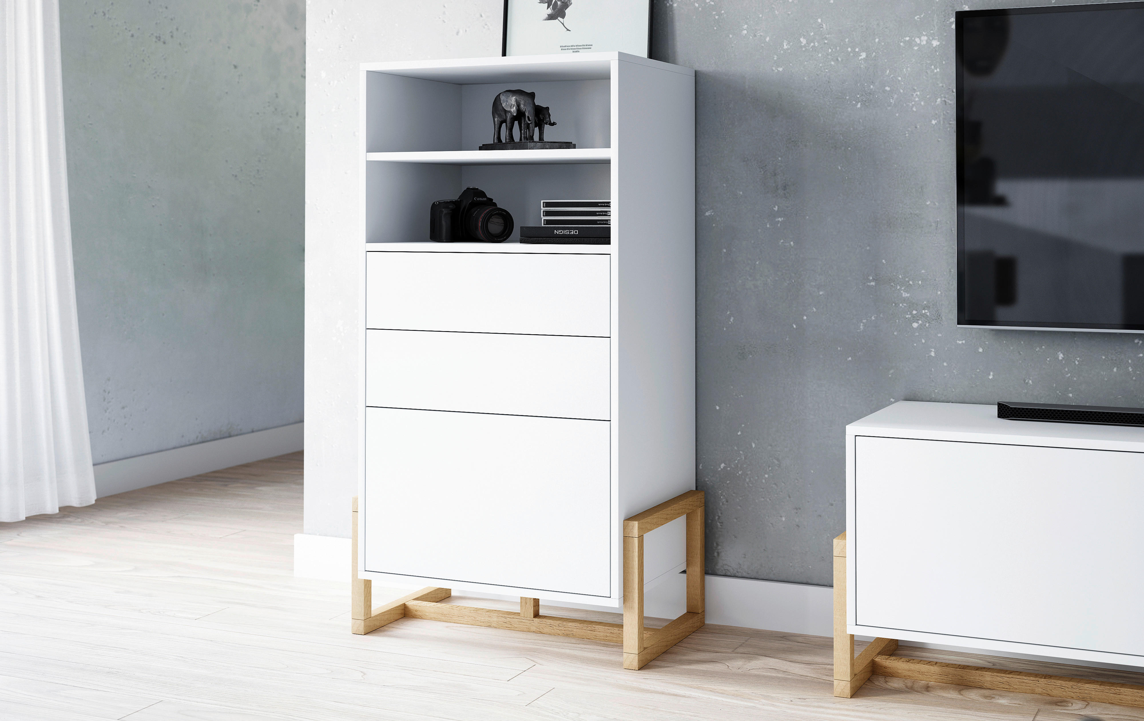 Highboard Oslo weiß matt Eiche Nachbildung B/H/T: ca. 63,4x115,7x42 cm Oslo - Eiche/weiß (63,40/115,70/42,00cm) - WIPMEB