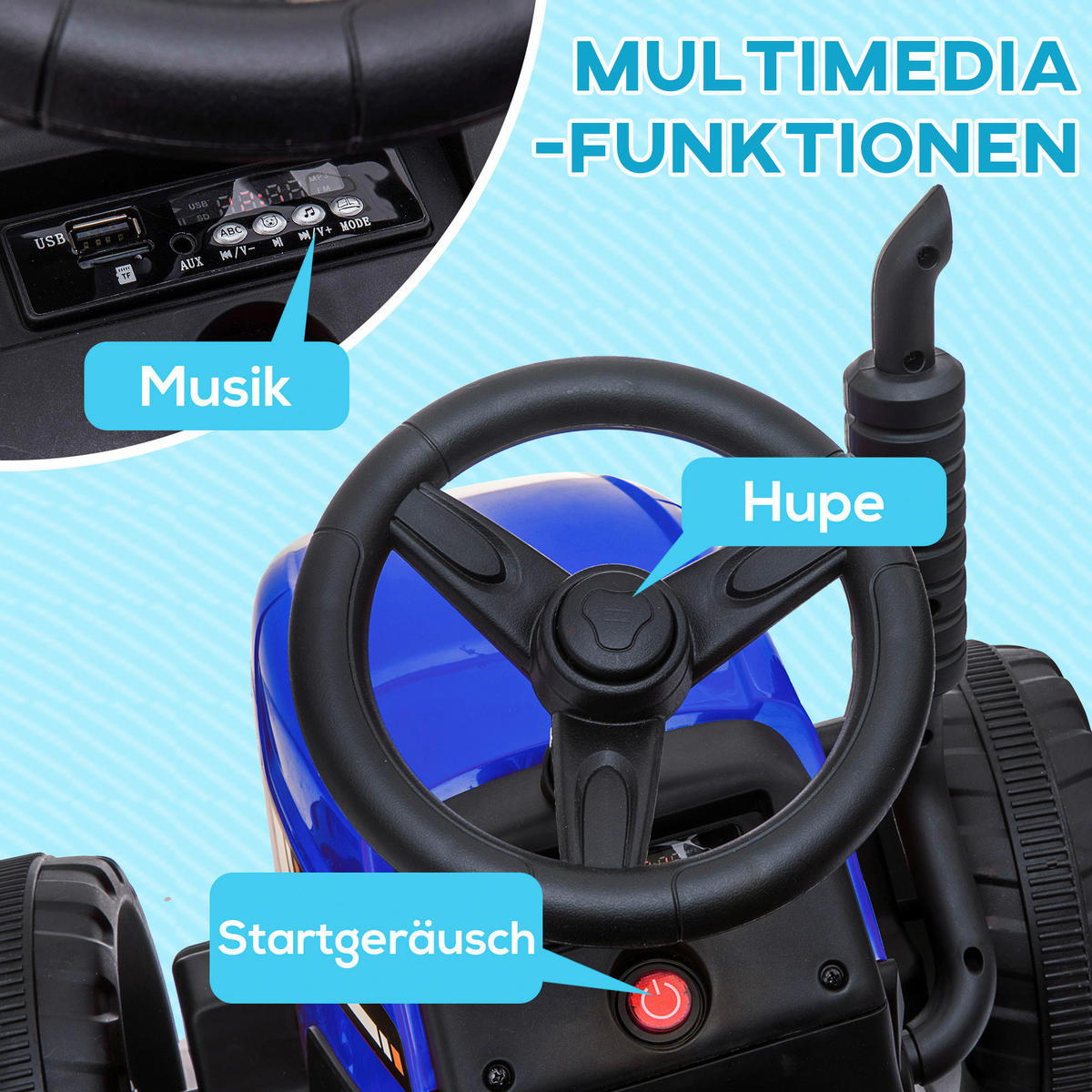 HOMCOM Kinder Elektro-Traktor blau B/H/L: ca. 50x52,5x136,5 cm Kinder Elektro-Traktor - blau (136,50/50,00/52,50cm) - HOMCOM