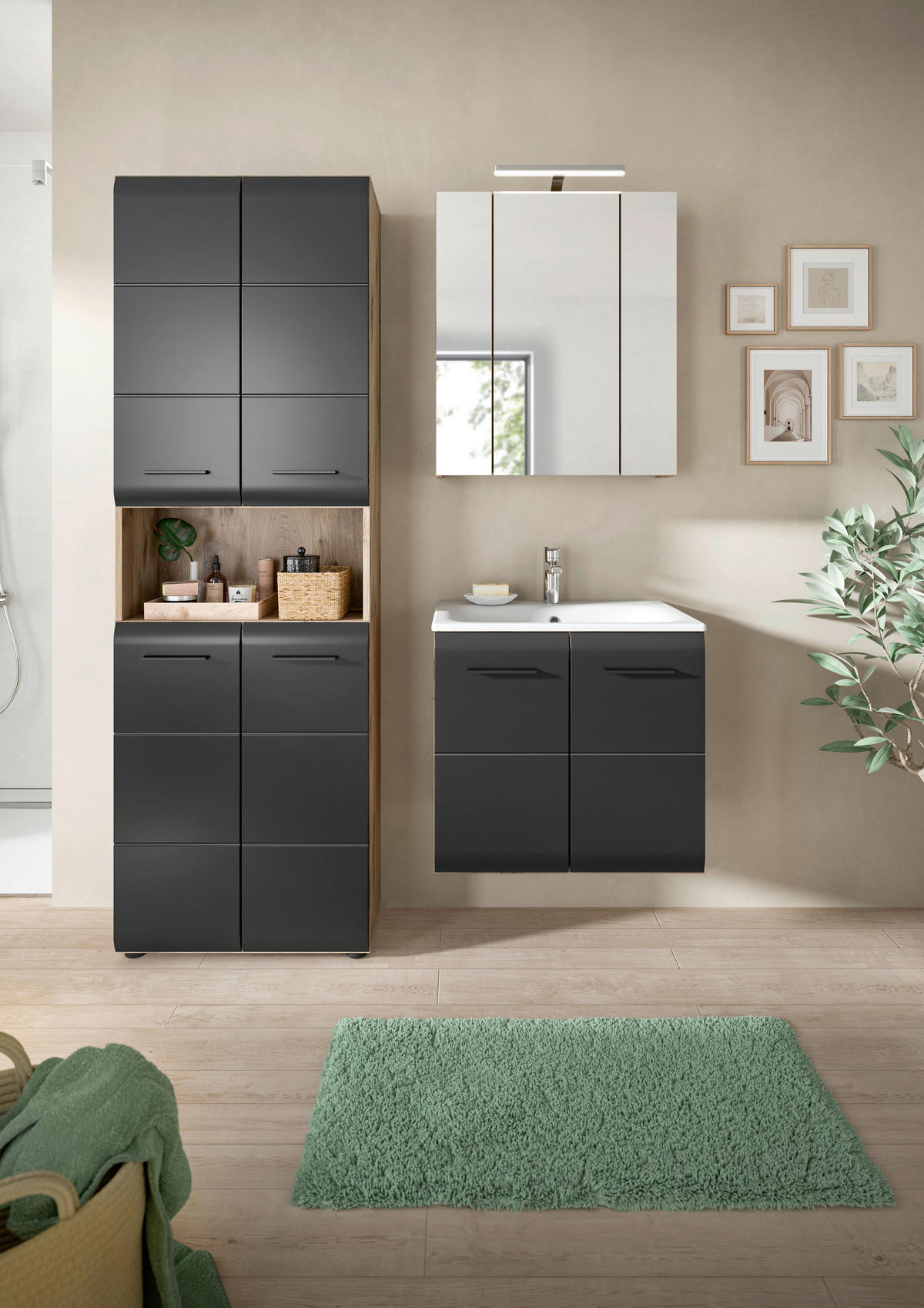 Badezimmer-Set Ice Nox Oak Nachbildung schwarz matt B/H/T: ca. 135x185x46 cm Ice - schwarz (135,00/185,00/46,00cm) - xonox.home