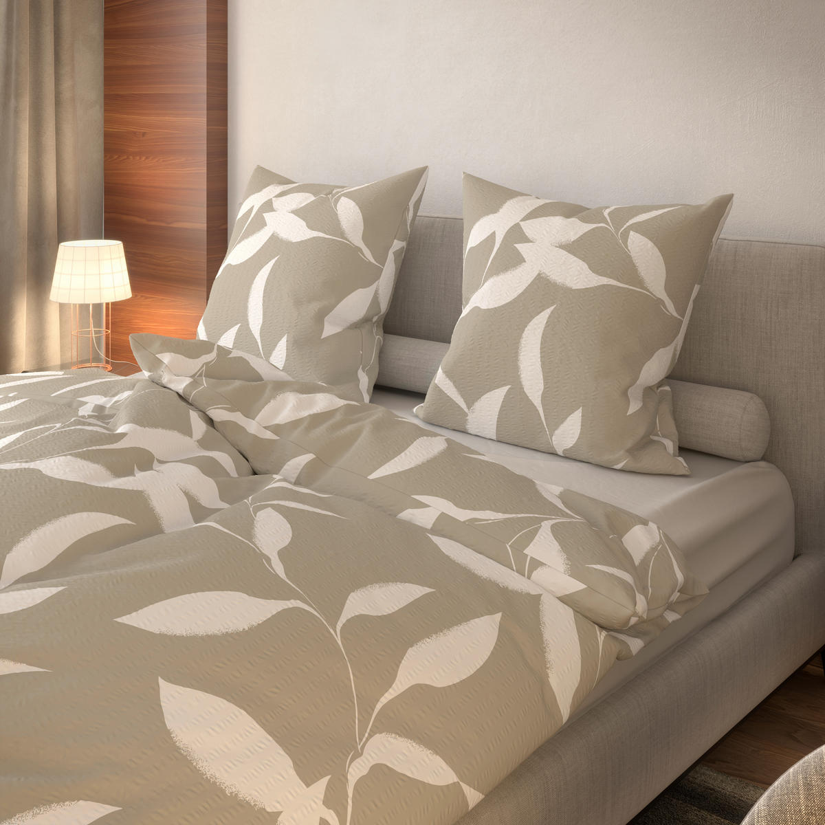Seersucker Bettwäsche Bettwäsche_Micro-Seersucker Blätter - hellbeige/weiß (135,00/200,00cm)