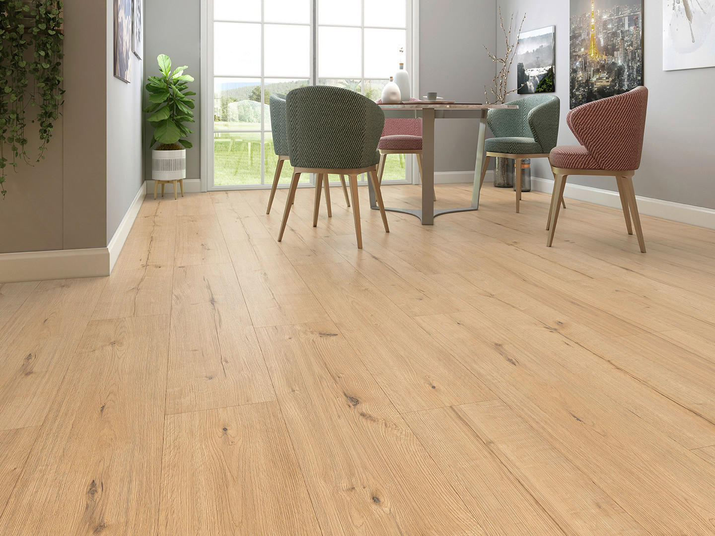 Laminatboden Eiche beige ca. 2,158 m² im Paket  B/L: ca. 28x128,5 cm pro Paket Eiche beige ca. 2,158 m² im Paket - Greige (28,00/128,50cm)