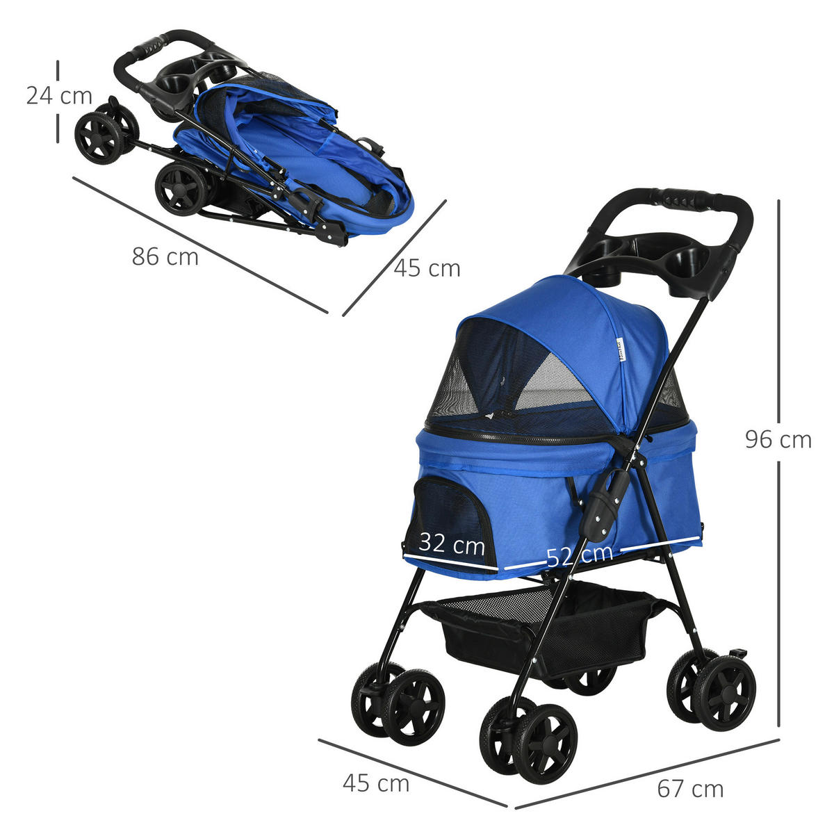 PawHut Hunde-Zubehör blau Edelstahl B/H/L: ca. 45x67x96 cm Hundewagen - blau (96,00/45,00/67,00cm) - PawHut