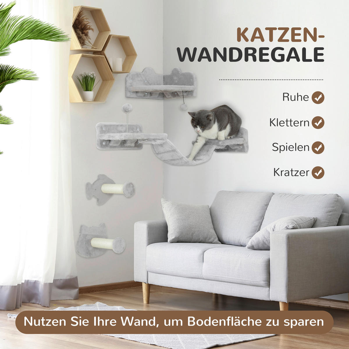 PawHut Katzen Kletterwand Set hellgrau Plüsch B/H/L: ca. 26x12,5x90 cm Katzen Kletterwand Set - hellgrau (90,00/26,00/12,50cm) - PawHut