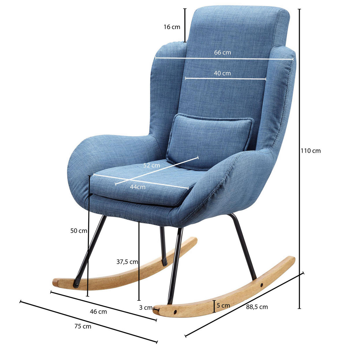 Stuhl blau schwarz natur Stoff Metall Echtholz B/H/T: ca. 75x110x88,5 cm Schaukelstuhl - blau/natur (75,00/110,00/88,50cm) - Wohnling