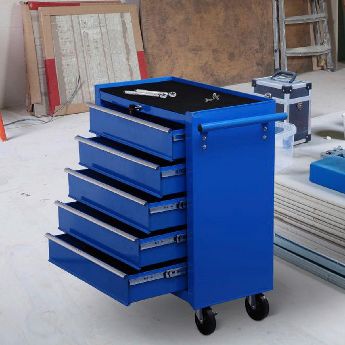 Werkstattwagen mit 5 Schubladen blau B/H/T: ca. 67,5x77x33 cm Fahrbarer Werkstattwagen E2-0005 - blau (67,50/77,00/33,00cm) - HOMCOM