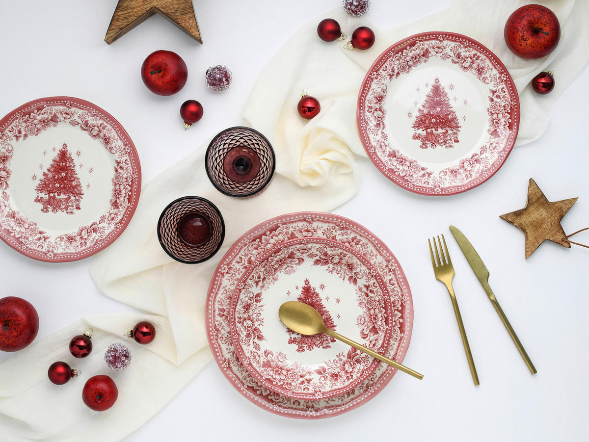 CreaTable Tafelservice Tannenbaum rot Steingut 12 tlg. Tannenbaum - rot - CreaTable