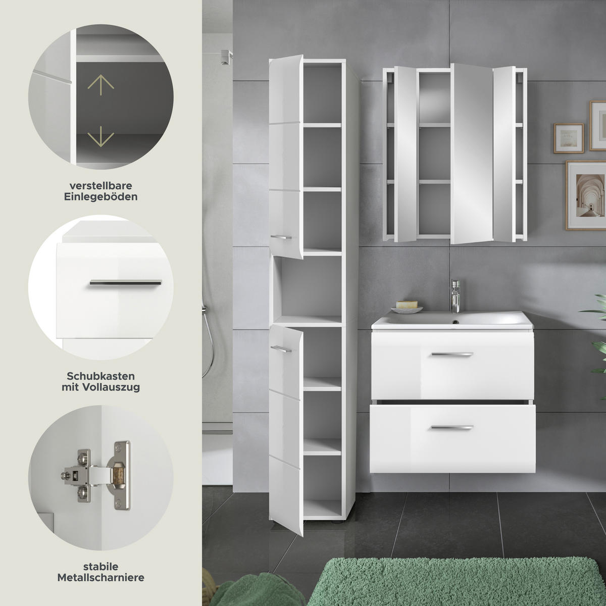 Badezimmer-Set Ice weiß weiß Hochglanz B/H/T: ca. 105x185x46 cm Ice - weiß (105,00/185,00/46,00cm) - xonox.home