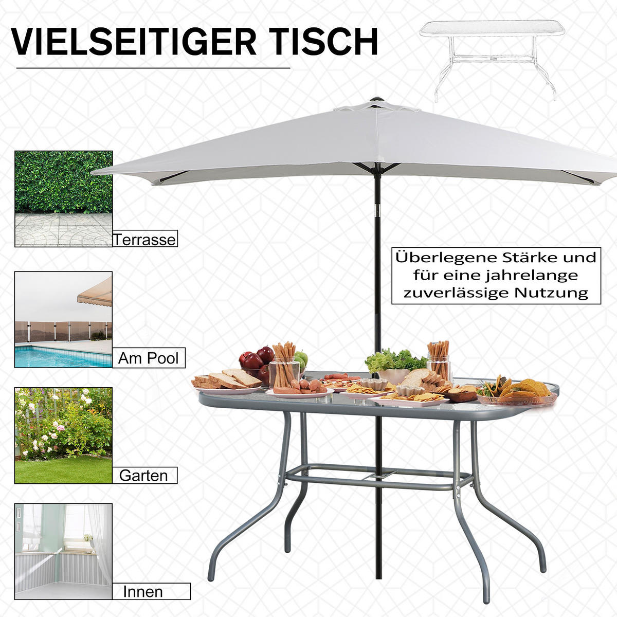 Outsunny Gartentisch grau Glas B/H/L: ca. 80x70x120 cm Gartentisch - grau (120,00/80,00/70,00cm) - Outsunny