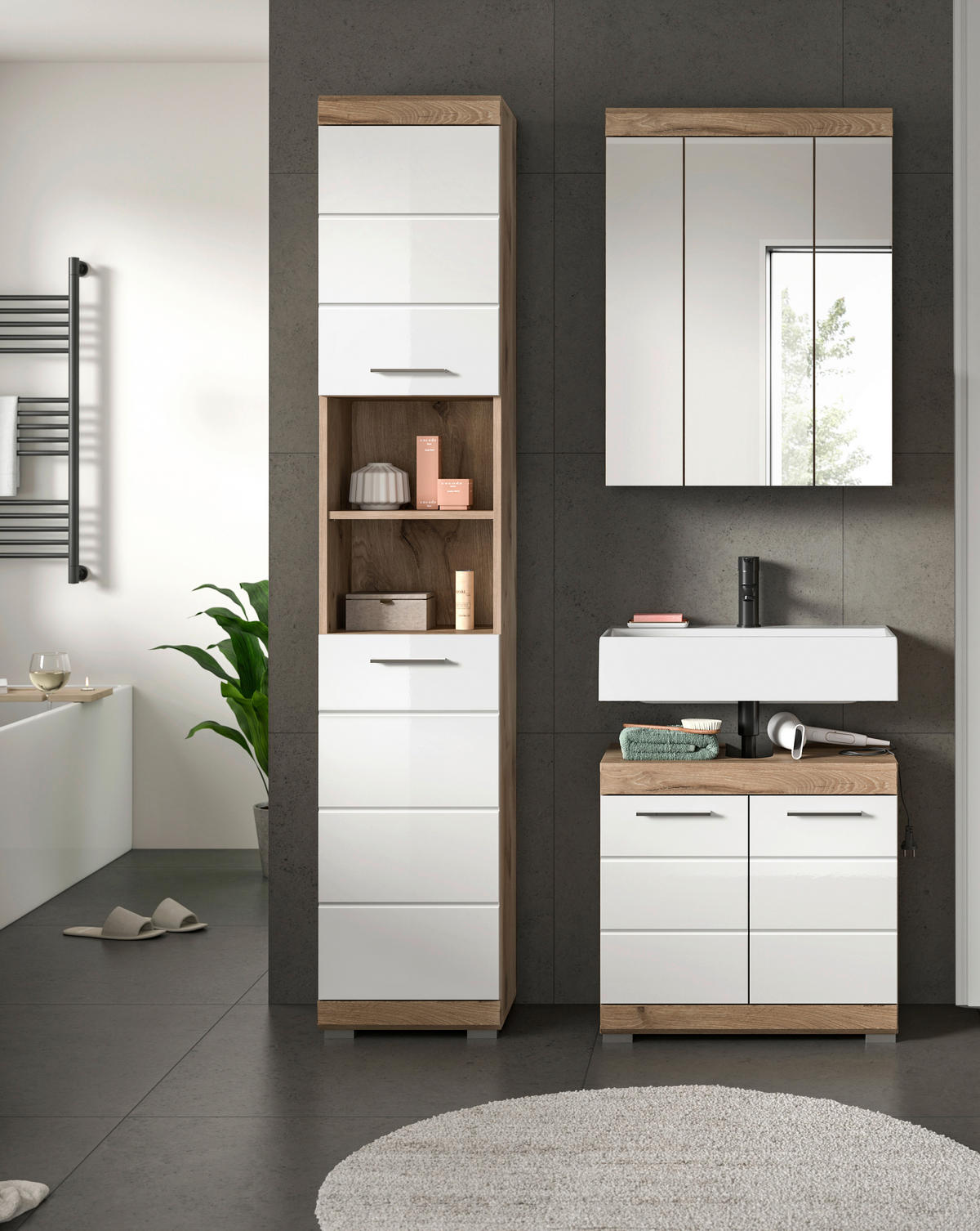 Badezimmer-Set Wave weiß Hochglanz Nox Oak Nachbildung B/H/T: ca. 112x191x34 cm Wave - weiß (112,00/191,00/34,00cm) - xonox.home