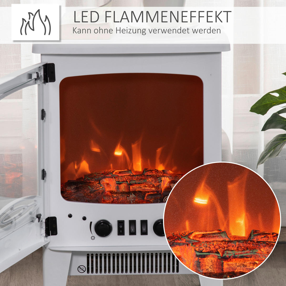 HOMCOM Elektro-Kamin weiß Metall Kunststoff Glas B/H/T: ca. 39x54,8x26 cm ca. 1800 W Elektrokamin 820-193V90WT - weiß (39,00/54,80/26,00cm) - HOMCOM