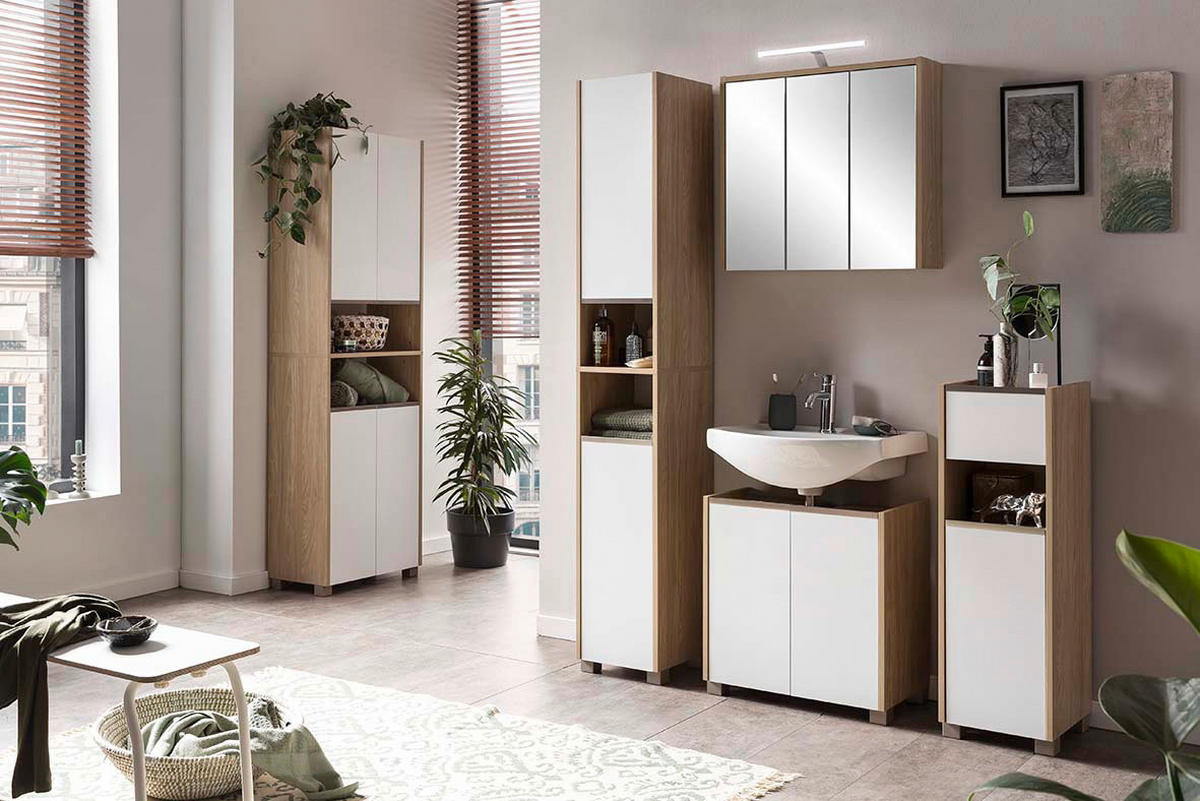 Waschbeckenunterschrank Juba Eiche hell Nachbildung weiß B/H/T: ca. 56,9x58,9x33 cm Juba - Eiche/weiß (56,90/58,90/33,00cm) - Möbelpartner