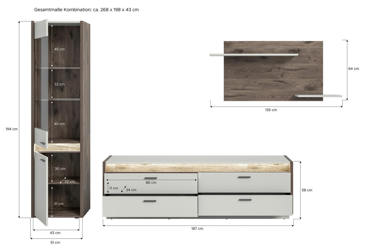 Wohnwand Falcona Nox Oak Nachbildung hellgrau B/H/T: ca. 268x198x43 cm Falcona - hellgrau (268,00/198,00/43,00cm) - xonox.home