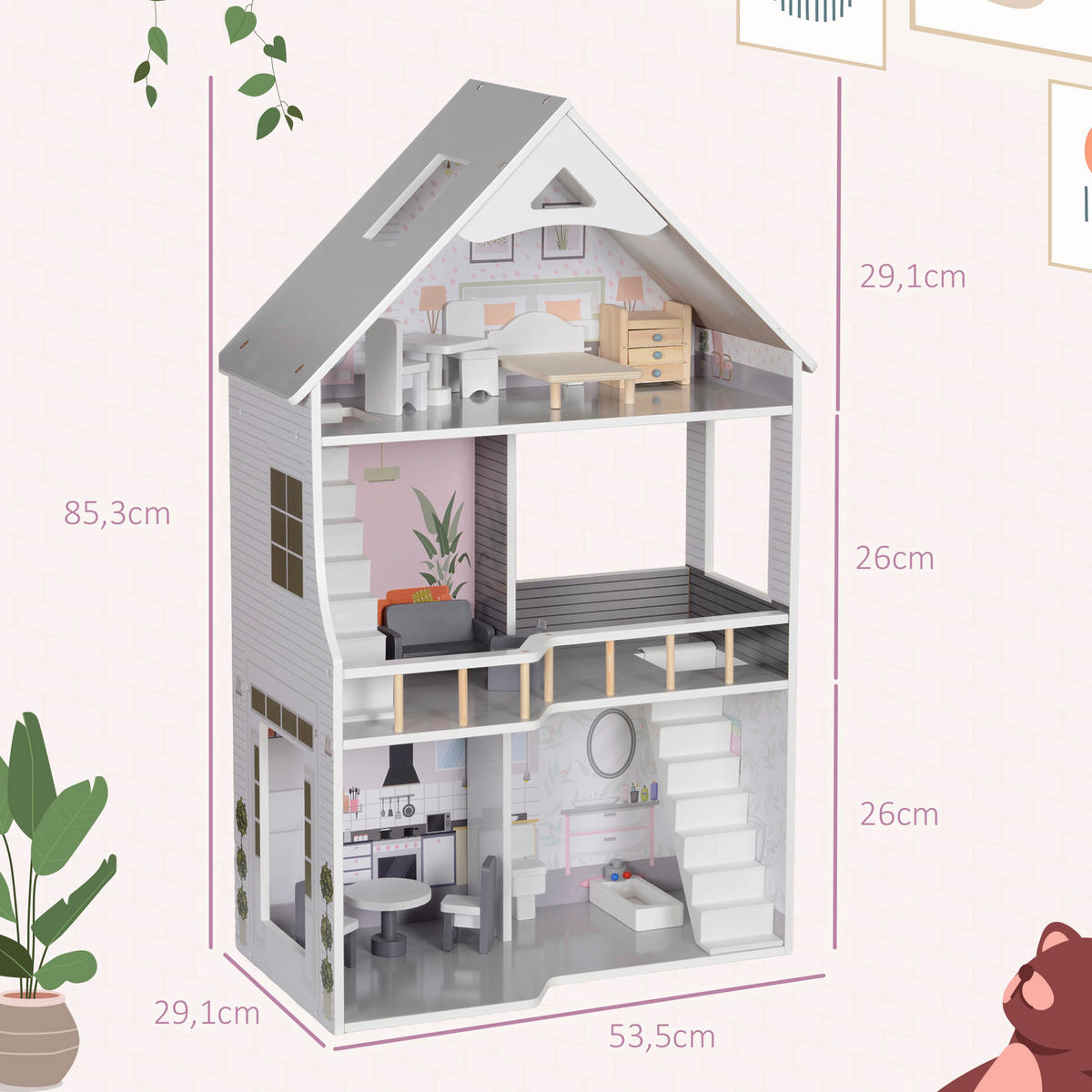 AIYAPLAY Puppenhaus grau Kiefer B/H/L: ca. 29,1x85,3x53,5 cm Puppenhaus - grau (53,50/29,10/85,30cm) - AIYAPLAY