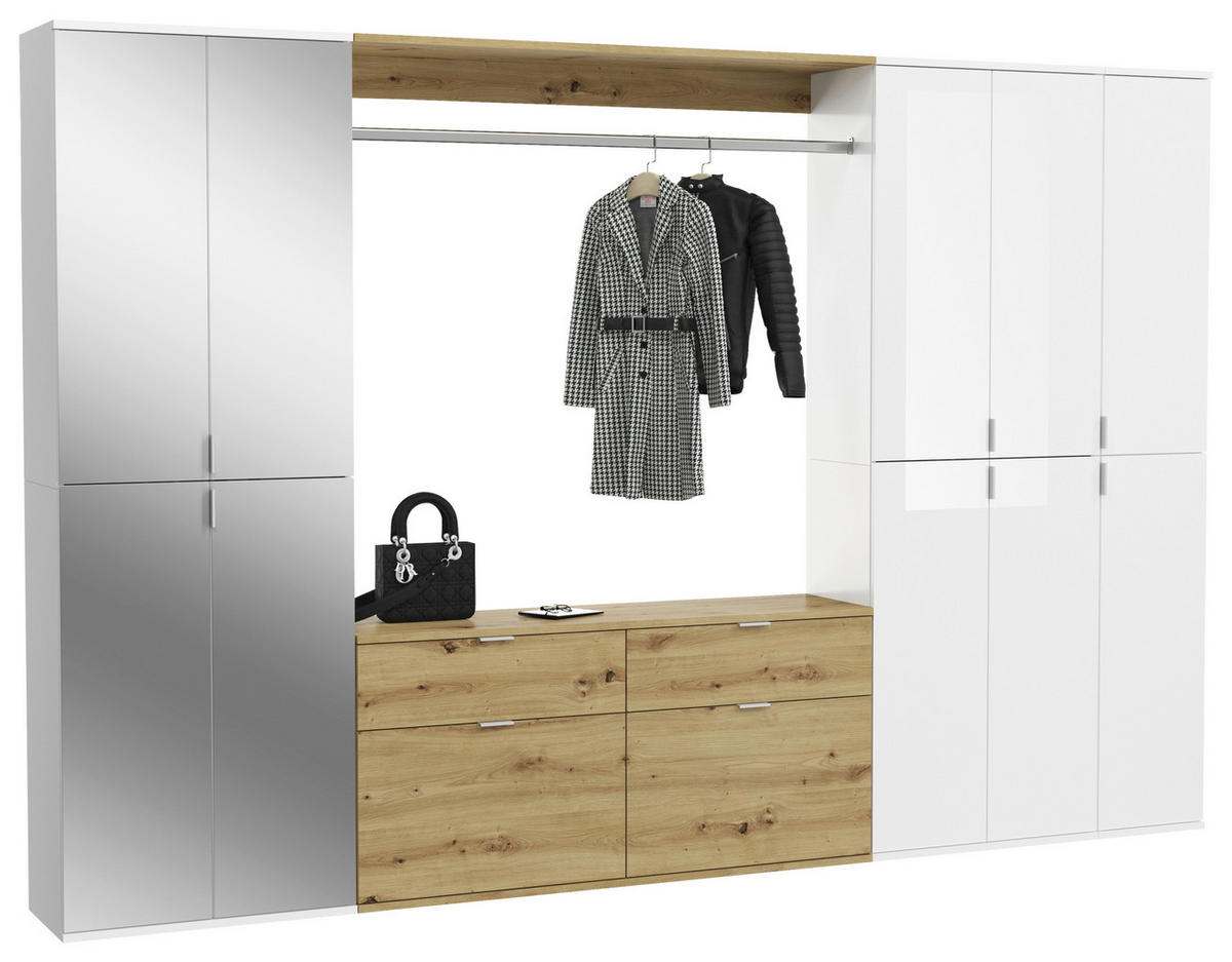 Garderobe PROJEKT Eiche Artisan Nachbildung weiß Hochglanz Spiegel B/H/T: ca. 273x193x34 cm PROJEKT - Eiche/weiß (273,00/193,00/34,00cm) - xonox.home