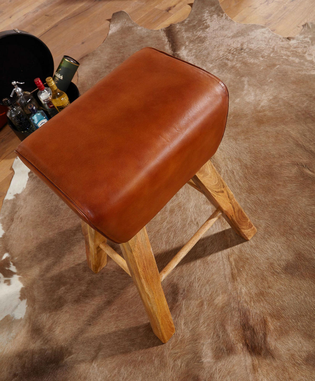 Barhocker braun natur Leder Echtholz B/H/T: ca. 43x75x43 cm Barhocker - braun/natur (43,00/75,00/43,00cm) - Wohnling