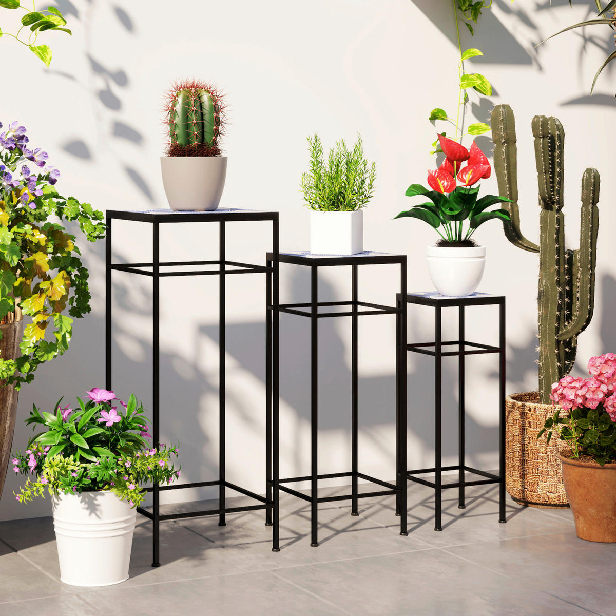 Outsunny Pflanzenständer 3er Set blau Metall B/H/L: ca. 28x71x28 cm Pflanzenständer 3er Set - blau (28,00/28,00/71,00cm) - Outsunny
