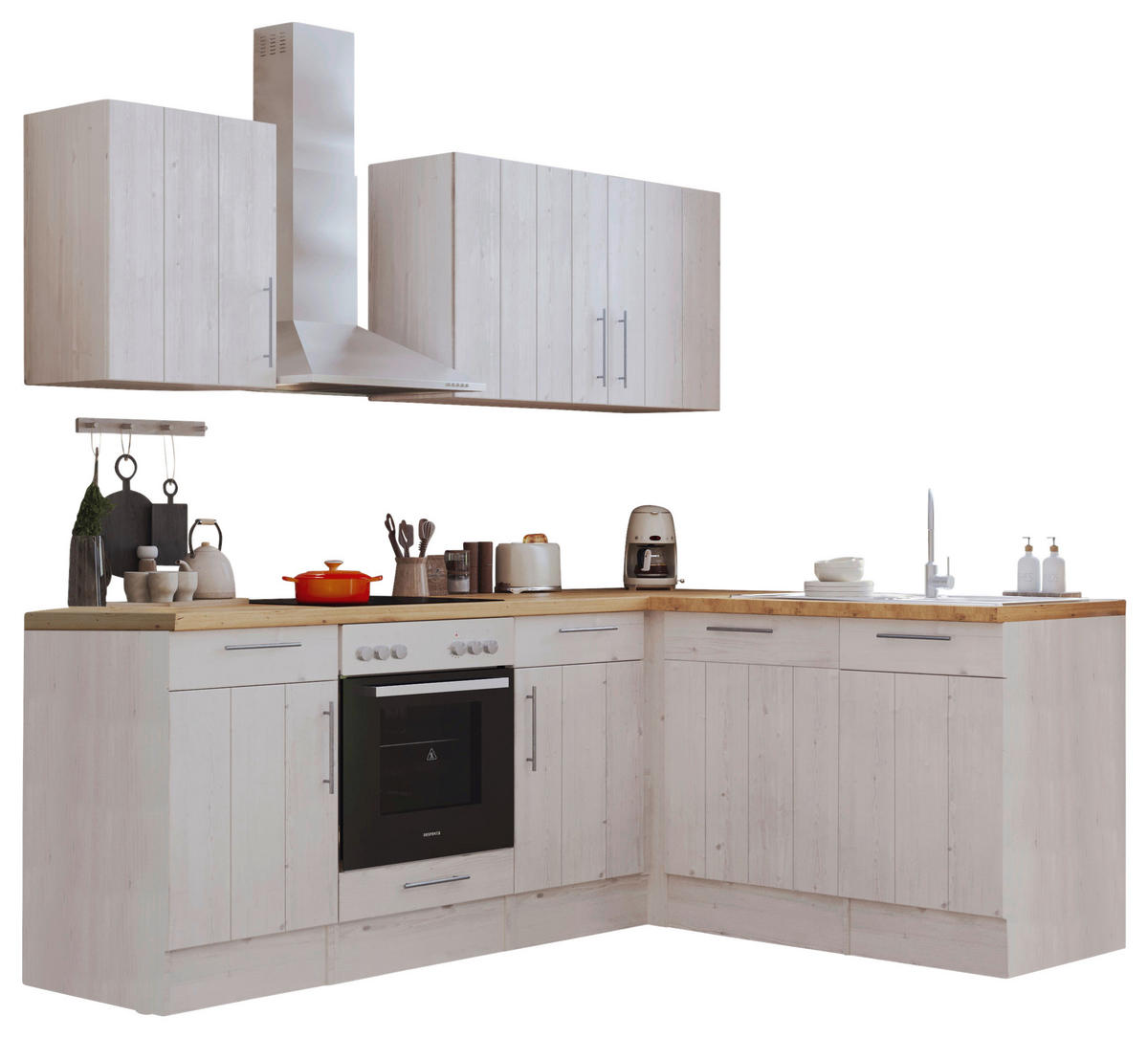 Respekta Winkelküche BERPL220LHWC weiß Lärche Nachbildung B/H/T: ca. 220x211x172 cm BERPL220LHWC - Eiche/weiß (220,00/211,00/172,00cm) - Respekta